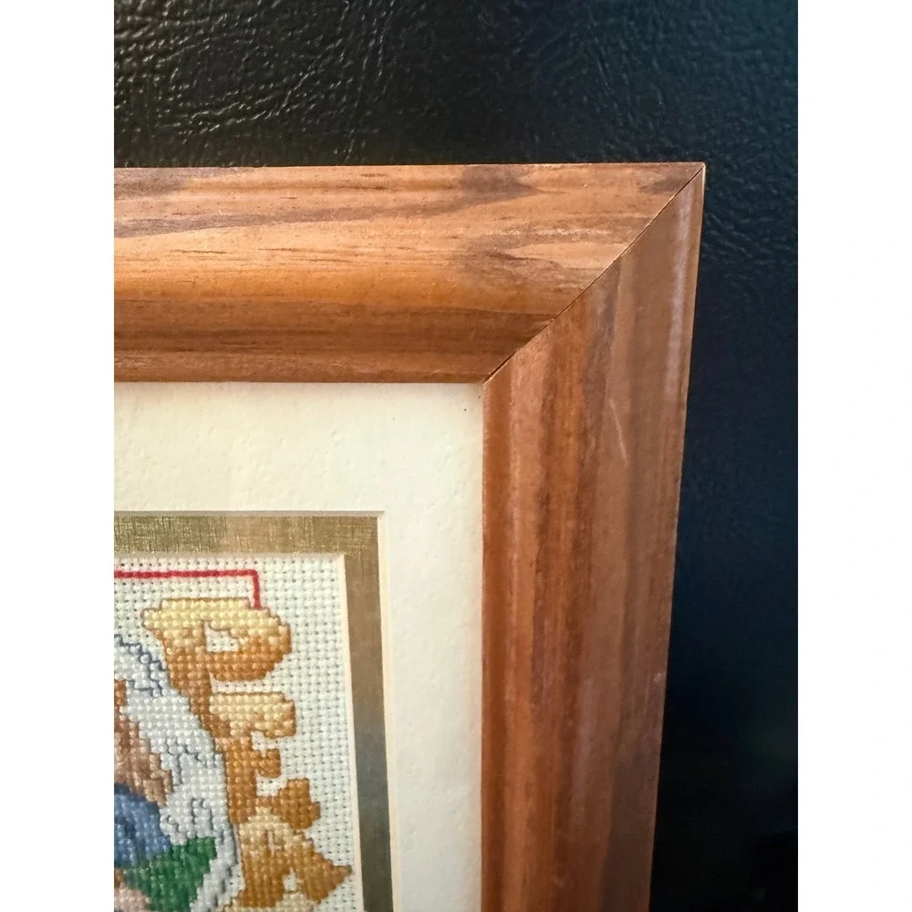 Vintage Handmade Cross Stitch Christmas Angel Peace needlepoint wood 6.5 x 8.5